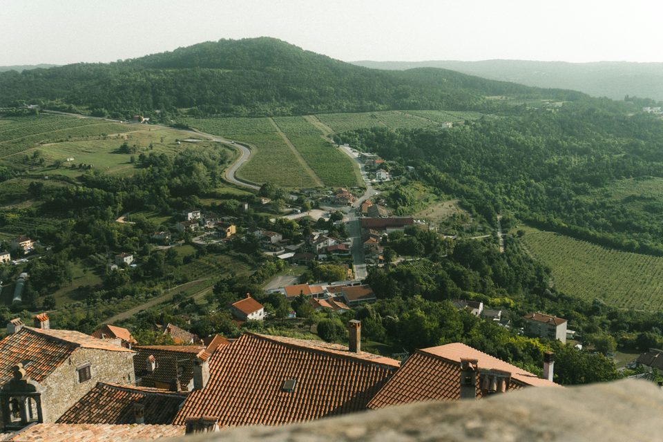 Motovun hilltop town view over Mirna valley and truffle forest, Istria Croatia travel guide